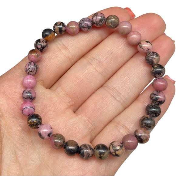 6mm Rhodonite Beaded Stretch Bracelet Gemstone Stone Crystal Crystals Pink Beads - Picture 3 of 5
